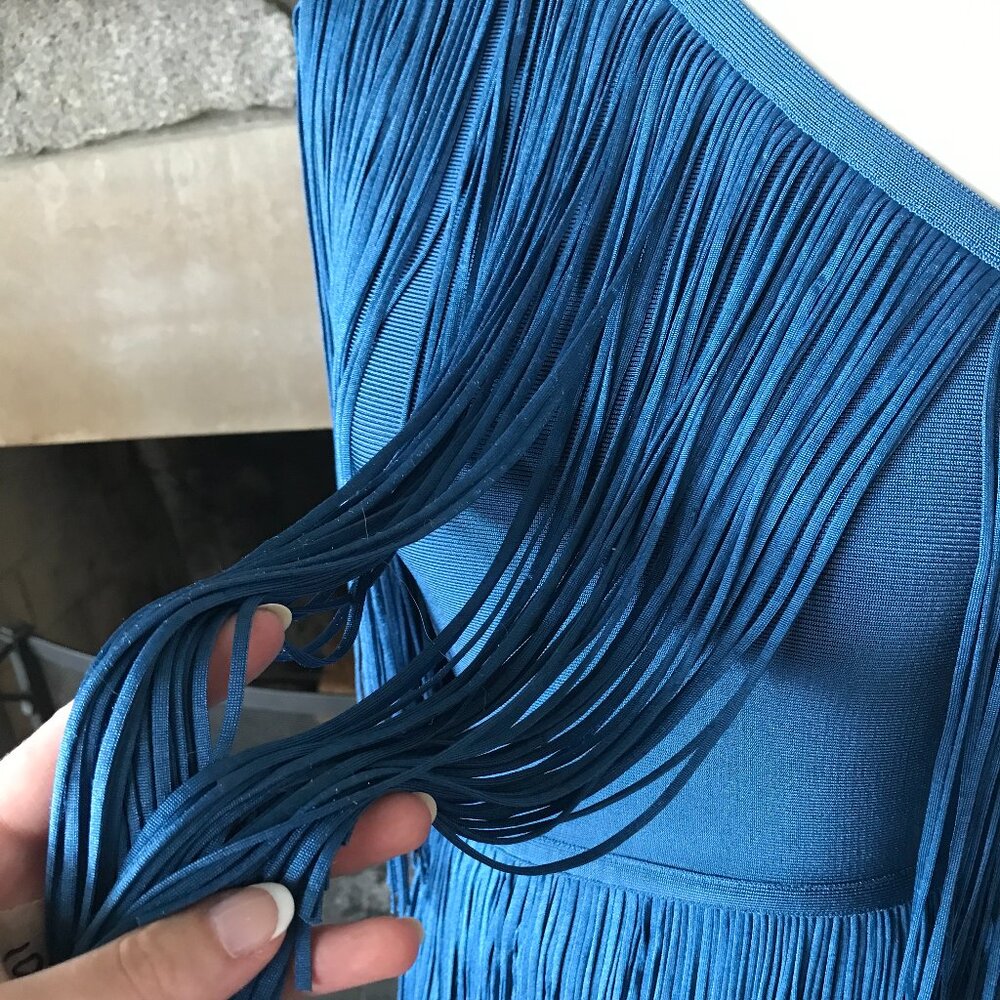 'Herve Leger Paris' One Shoulder Mini Fringe Dress in Petrol Blue - Size Small - Picture 4 of 8